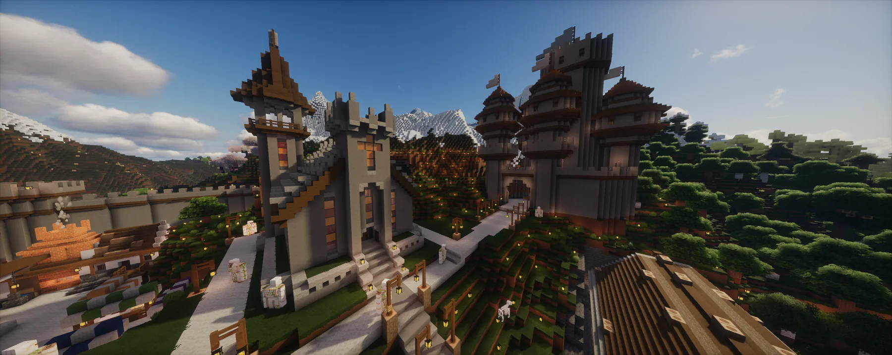 Detailed castle walls and rooftops on the TrainDontStop Minecraft server.