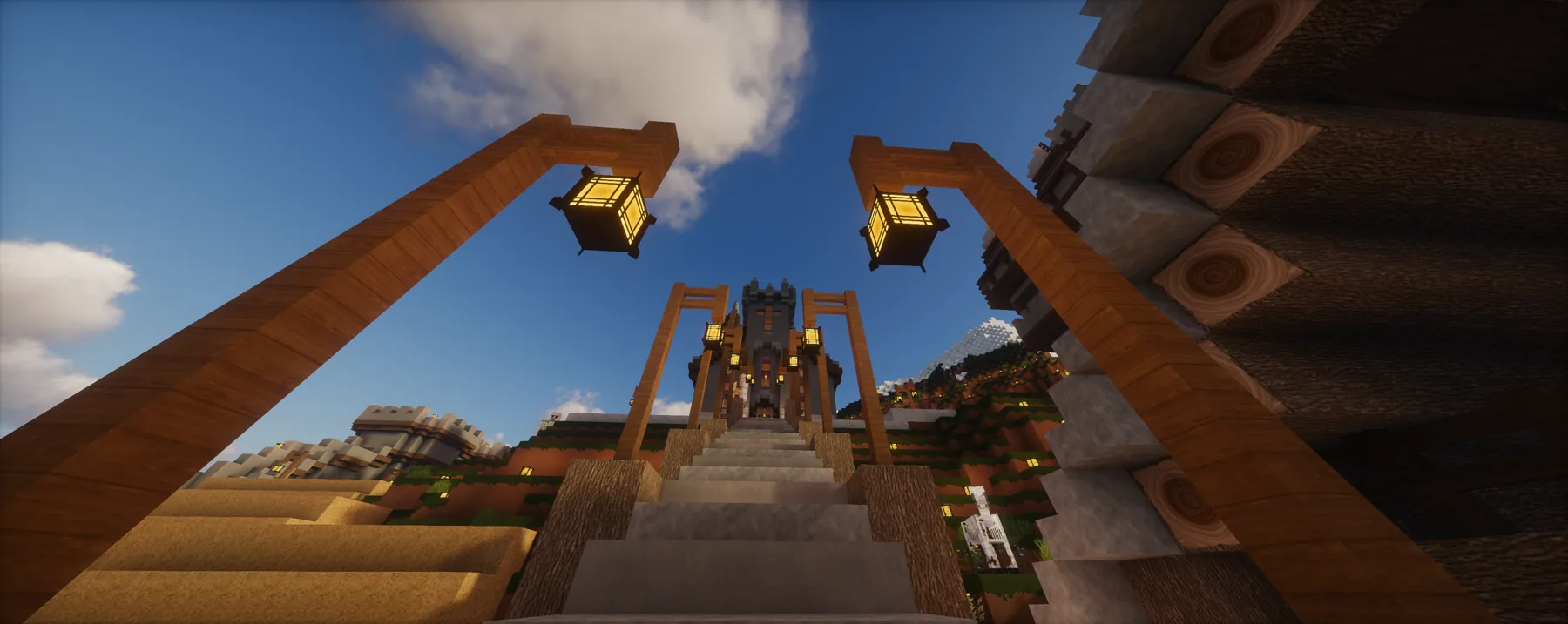Lantern-lit stairs and walkway in the TrainDontStop Minecraft world.