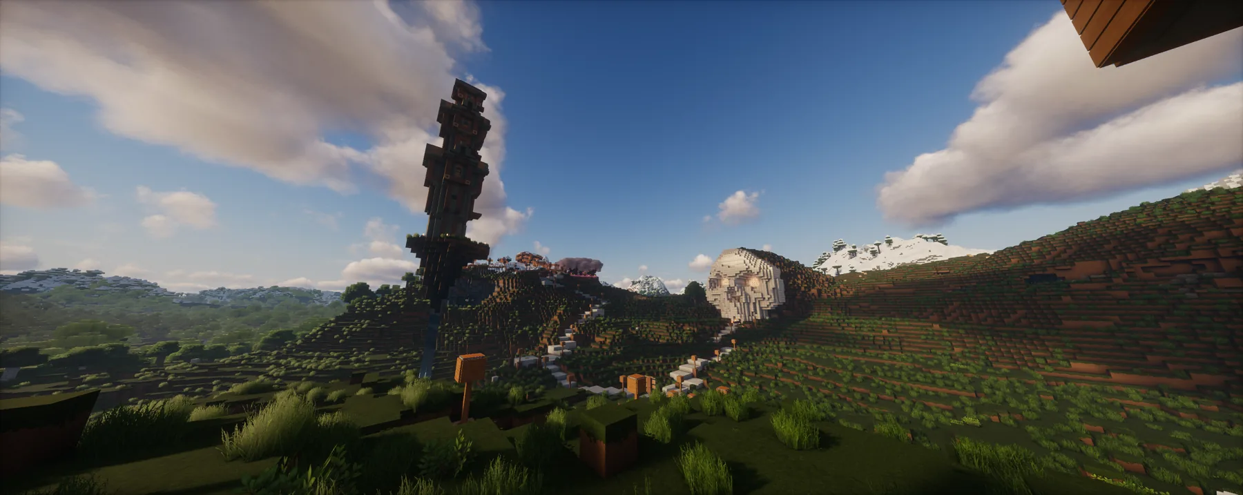 Tall landmark tower rising above the TrainDontStop Minecraft world.